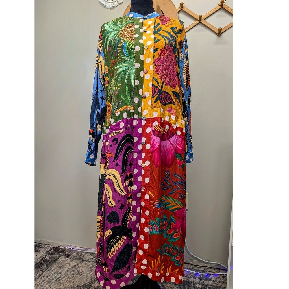 FARM Rio Mixed Tropical Print Patchwork Button Front Midi Shirt Dress XS